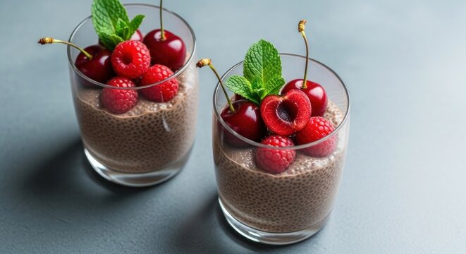 Decadent Chocolate Mousse Dessert with Fresh Berries and Mint Garnish.