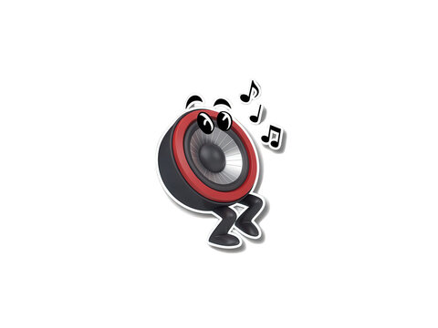 Cartoon speaker character, dancing speaker icon, music speaker illustration, sound wave symbol