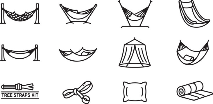 Collection of hammock types and tree straps kit illustration vector Vector