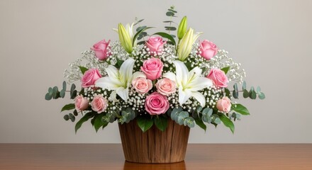 Fototapeta premium Elegant Pink Roses and White Lilies Floral Arrangement in Wicker Basket.