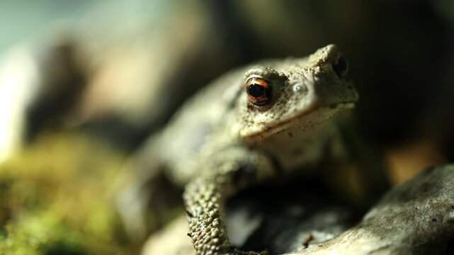 Close-up of a brown frog resting on rocks and moss, showcasing its textured skin and bright eyes in a natural outdoor setting with soft lighting