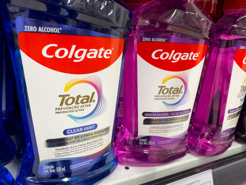 BELO HORIZONTE, MG, BRAZIL, MAY, 15, 2026 Colgate Total mouthwash bottles on a store shelf with zero alcohol