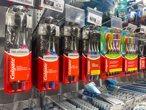 BELO HORIZONTE, MG, BRAZIL, MAY, 15, 2026 A close-up view of various Colgate toothbrushes on display at a store with price tags