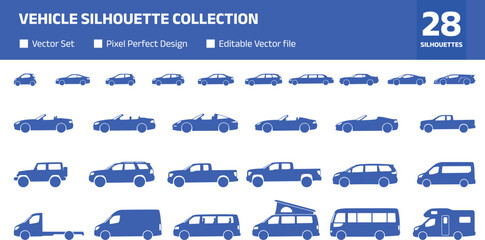 Obraz premium Vehicle Silhouette Collection with Car Van Truck and Transport Symbols for Automotive Graphic Design Projects
