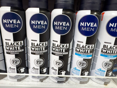 BELO HORIZONTE, MG, BRAZIL, MAY, 15, 2026 A close-up view of Nivea Men Black & White deodorant cans on a store shelf