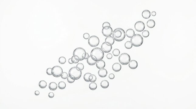 Transparent water bubbles on white background, floating air spheres in liquid, clear soap suds texture for cosmetic and beverage design