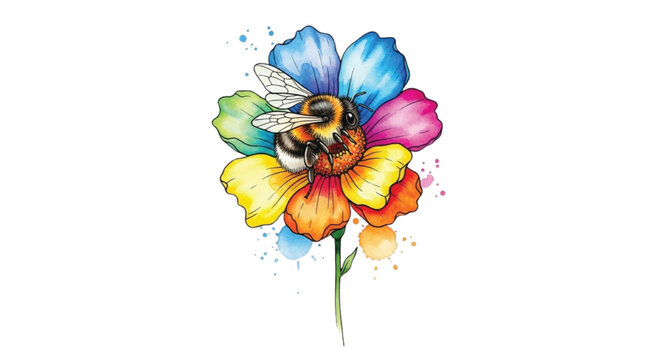 Watercolor Bumble Bee on Rainbow Flower Botanical Floral Illustration Isolated on White Background