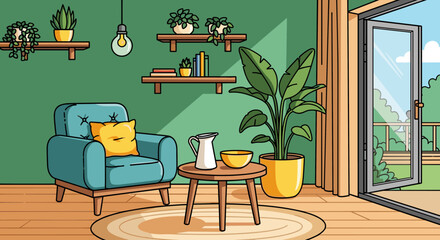 Fototapeta premium A cozy living room featuring a blue armchair, potted plant, and decorative shelves in a modern flat style