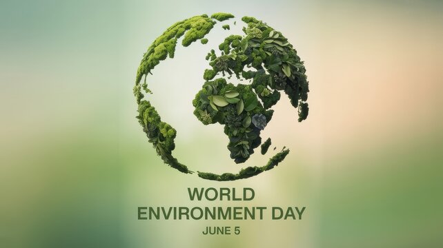 Creative illustration for World Environment Day on June 5 featuring a world map formed from green moss and leaves on a soft bokeh background