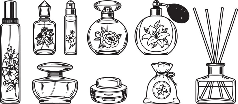 Collection of vintage perfume bottles and flacons illustration vector Vector