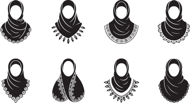 Hijab with lace floral design line art icons