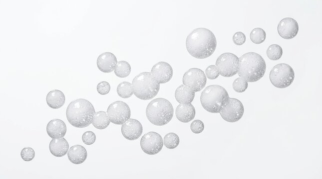 Transparent water bubbles on white background, floating liquid spheres for cosmetic product design, clear oxygen soap suds texture