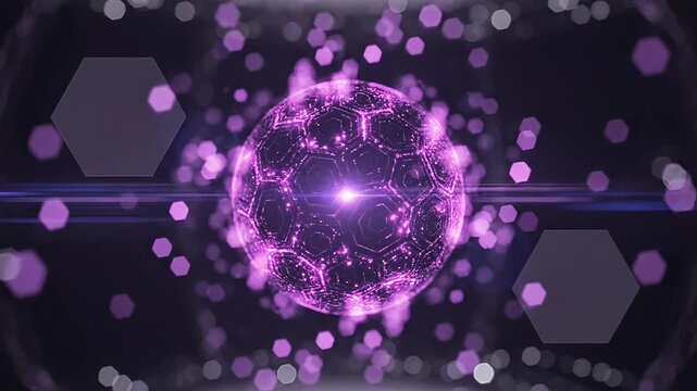 Glowing purple orb with hexagonal shapes and particles on dark background with blue lines