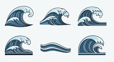 Naklejka premium A collection of stylized ocean wave illustrations in a modern, flat design style, ideal for beach or water-themed projects