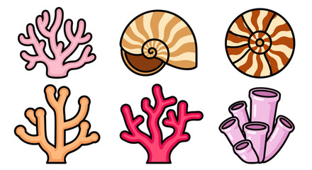 Fototapeta premium A vibrant collection of coral and seashell illustrations in a playful, colorful style, ideal for marine-themed designs
