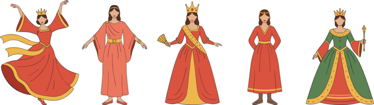 Royal queen illustration collection featuring crowns, gowns, scepters, medieval attire, dancing figures, regal costumes, and ornate clothing designs