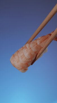 Macro texture of fresh shrimp ebi nigiri sushi held by chopsticks