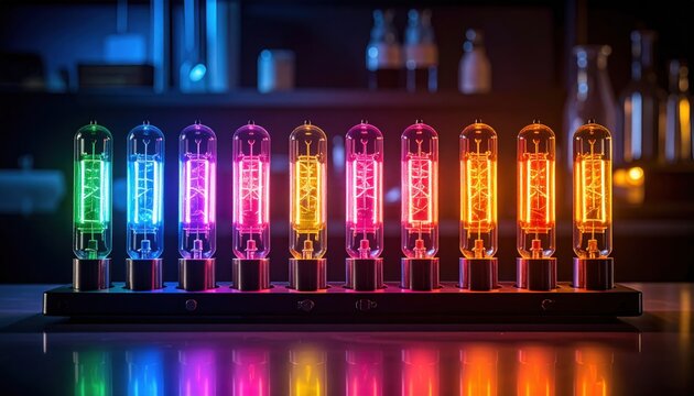 A vibrant array of noble gas discharge tubes glowing in vivid neon, argon, and krypton colors, showcasing retro technology.