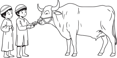 Naklejka premium Vector line art of children with a bull