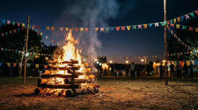 Large bonfire burns brightly at night during Brazilian Festa Junina celebration with colorful flags strung overhead and people gathered in background under dark sky