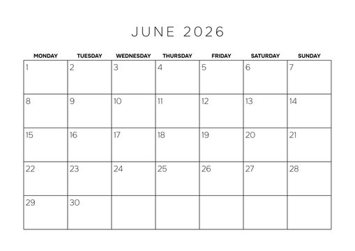 June 2026 Professional Monthly Calendar Template A4 Minimalist Planner Grid for Corporate Scheduling and Project Management