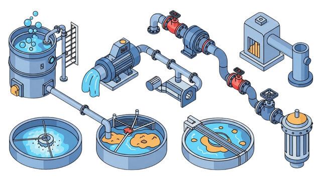 Industrial wastewater treatment vector icon sheet with isometric aeration tanks, sludge pumps, pipes, and valves in bright colors on white