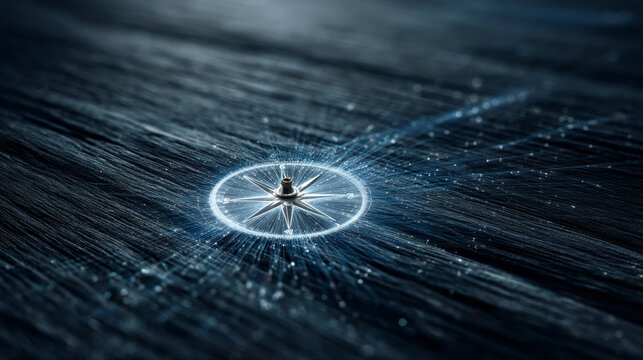Glowing digital compass concept on dark wooden background representing direction and strategy