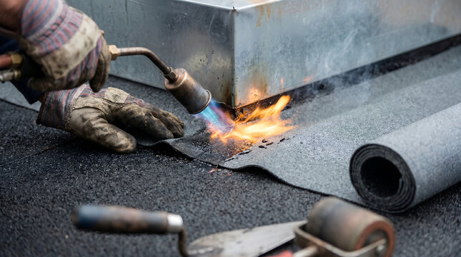 Close up of a roofer using a gas blowtorch to melt a bitumen membrane sheet at a metal chimney flashing base during flat roof waterproofing.