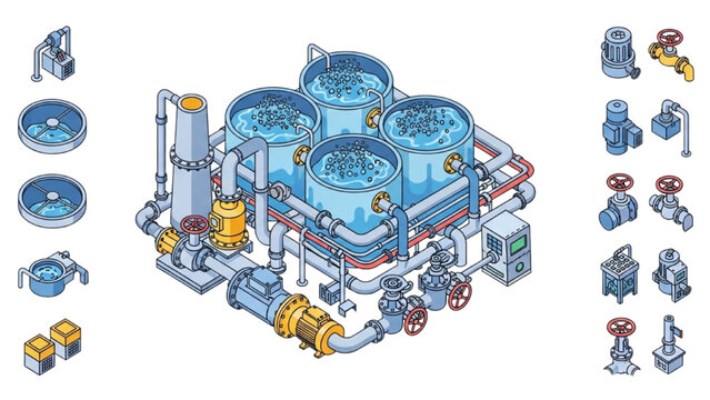 Industrial wastewater treatment vector icon sheet with isometric aeration tanks, sludge pumps, pipes, and valves in bright colors on white