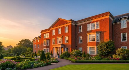 Obraz premium A stately red brick retirement residence glows in the soft golden light of dawn, featuring manicured gardens and classical architecture, lawn, estate, serenity