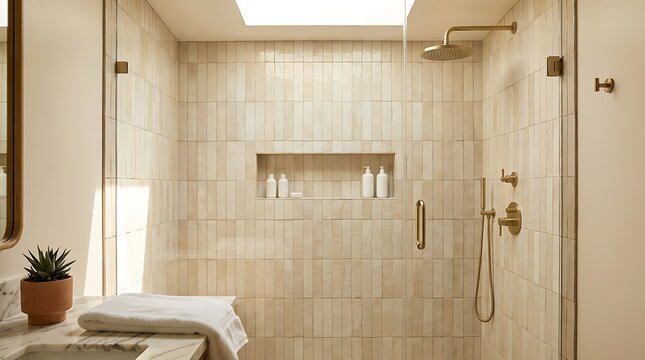 Modern minimalist bathroom shower with vertical beige tiles and brass fixtures