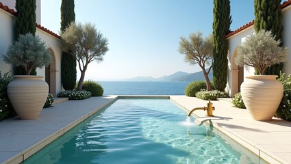 Fototapeta premium Mediterranean‑style villa terrace with sleek infinity pool, golden water spout, olive & cypress trees, overlooking calm blue sea.