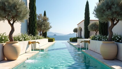 Fototapeta premium Mediterranean‑style infinity pool with golden water spouts, potted olive trees, cypresses, white blooms and serene sea‑mountain backdrop.