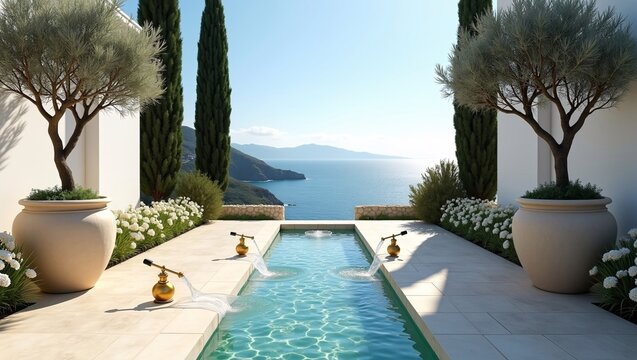 Mediterranean‑style terrace with long narrow pool, golden water spouts, cypress trees, potted olive trees and sea view under bright sunlight.