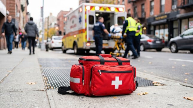 Red first aid bag on a city sidewalk with EMS crew loading a patient into an ambulance on an autumn day in an urban area