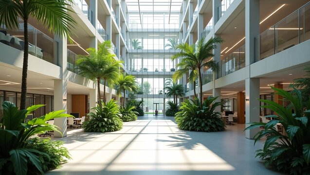 Modern biophilic office atrium with glass‑roofed multi‑level structure, tall palm trees, lush tropical greenery, sunlit walkway and open workspaces.