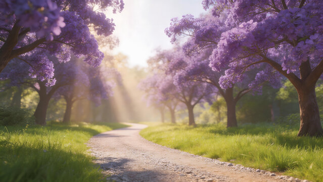 Pathway through purple flowering trees