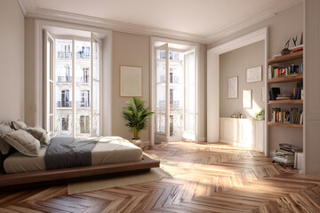 Fototapeta premium A sun-drenched bedroom features open windows with city views, wood floors, and a simple bed. A bookshelf and cabinet offer storage and display