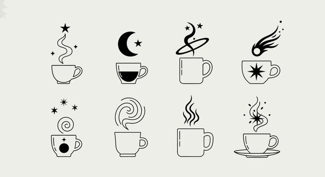 Cosmic coffee cup icons set with stars, moon, comet, and swirls, offering a magical and celestial theme for fantasy drinks and creative designs