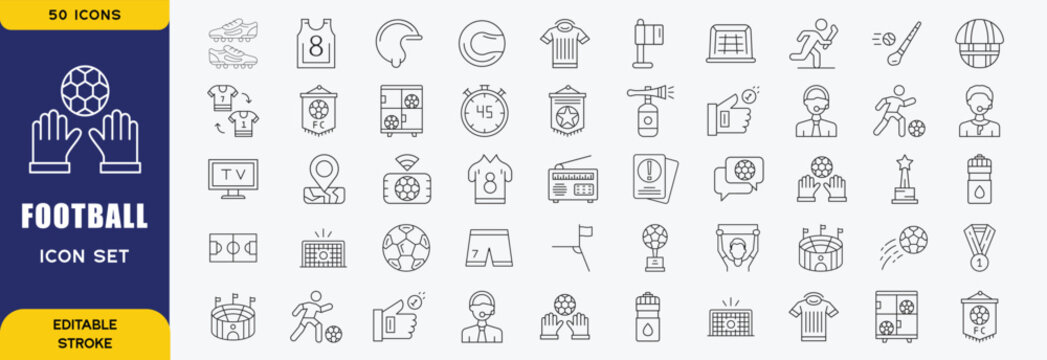 Set of 50 outline icons related to football, soccer. Linear icon collection. Editable stroke. Vector illustration