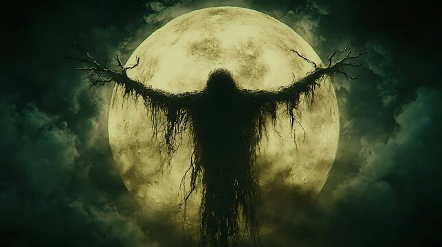 Spooky Entity Reaching for the Moon Dark Forest Silhouette with Halloween Horror.