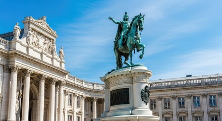 Fototapeta premium This majestic bronze monument stands tall against historical stone architecture, showcasing artistic heritage and timeless city history, form, statue, architecture