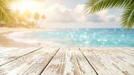 Fototapeta premium Tropical Beach Paradise: An idyllic tropical beach scene unfolds, with crystal-clear turquoise waters gently lapping at a sandy shore, framed by lush palm fronds and bathed in the warm.