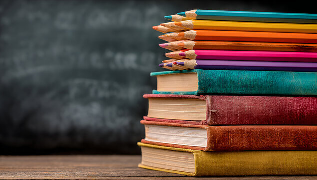 A stack of worn books sits on wood, a colorful pencil crayon collection on top, with a dark background