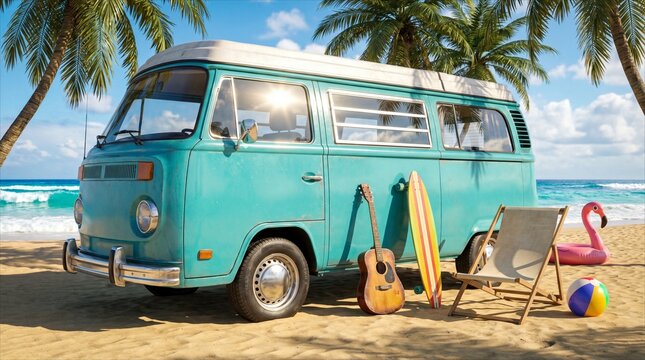 Retro Camper Van Beach Vacation: A vibrant turquoise vintage camper van parked on a sandy beach, adorned with surfboards and a guitar.