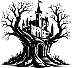 Fototapeta premium A medieval castle sits atop a twisted tree with bare branches and a stone bridge in a vector eps illustration.
