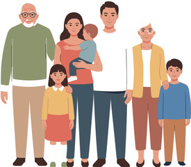 Obraz premium Multi Generational Big Family Portrait Vector Illustration with Grandparents Parents and Cute Kids Standing Together for Life Insurance and Relationship Concepts