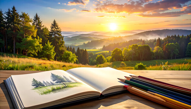 Sketchbook with nature drawing on wooden table at sunset in mountain landscape