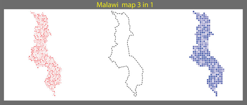A collection of three different styled maps of malawi in a row, showcasing various visual representations of the countrys geographical outline and borders