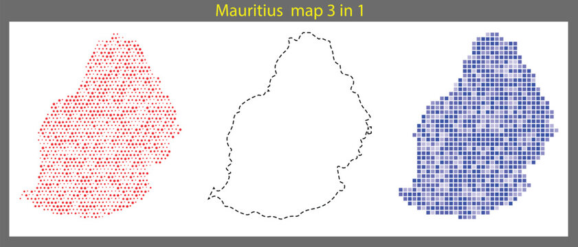 A pixelated 3in1 map of mauritius in red, black, and blue
